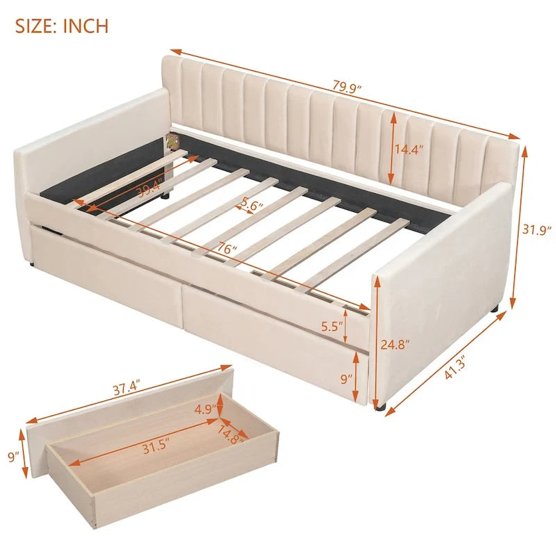 Velvet Daybed with Pull-Out Trundle and Wood Slats, 600 lb Capacity
