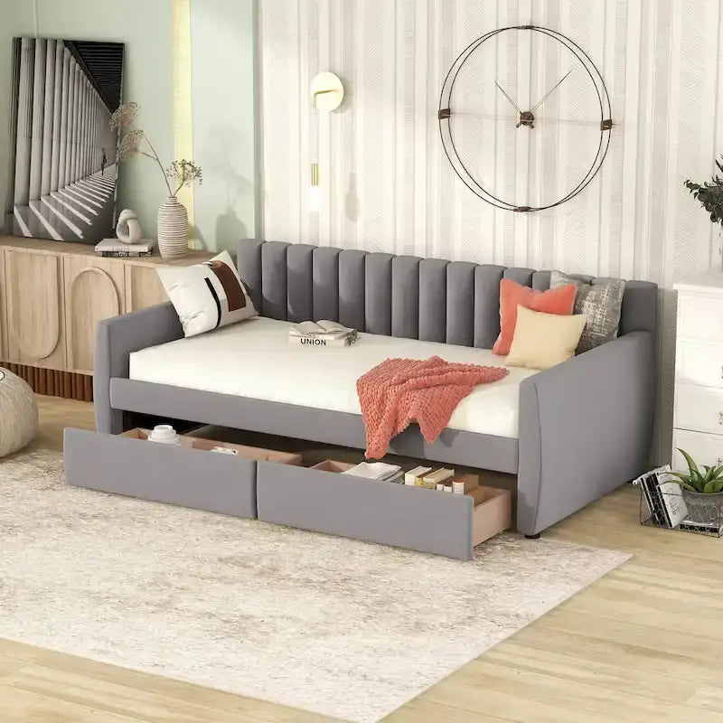 Velvet Daybed with Pull-Out Trundle and Wood Slats, 600 lb Capacity