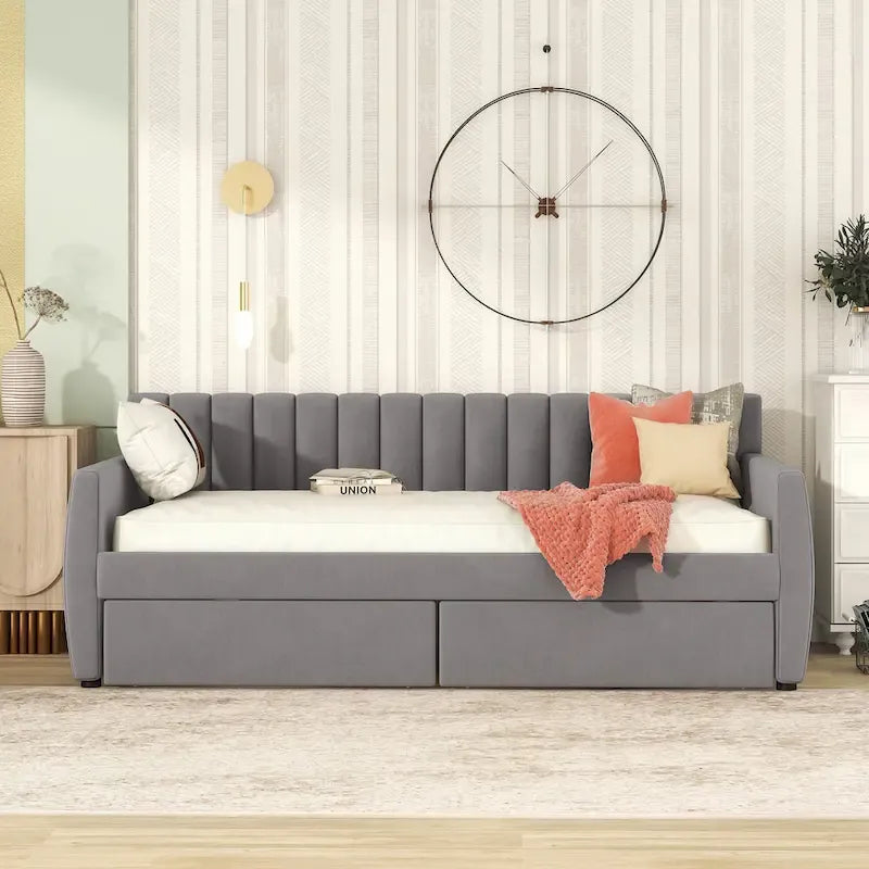 Velvet Daybed with Pull-Out Trundle and Wood Slats, 600 lb Capacity