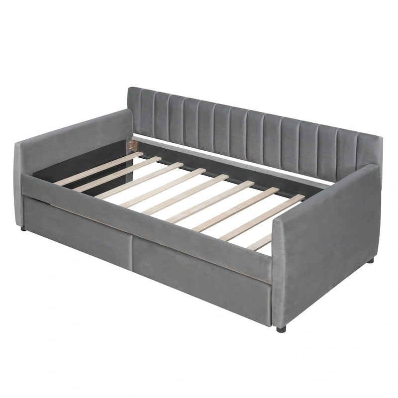 Velvet Daybed with Pull-Out Trundle and Wood Slats, 600 lb Capacity