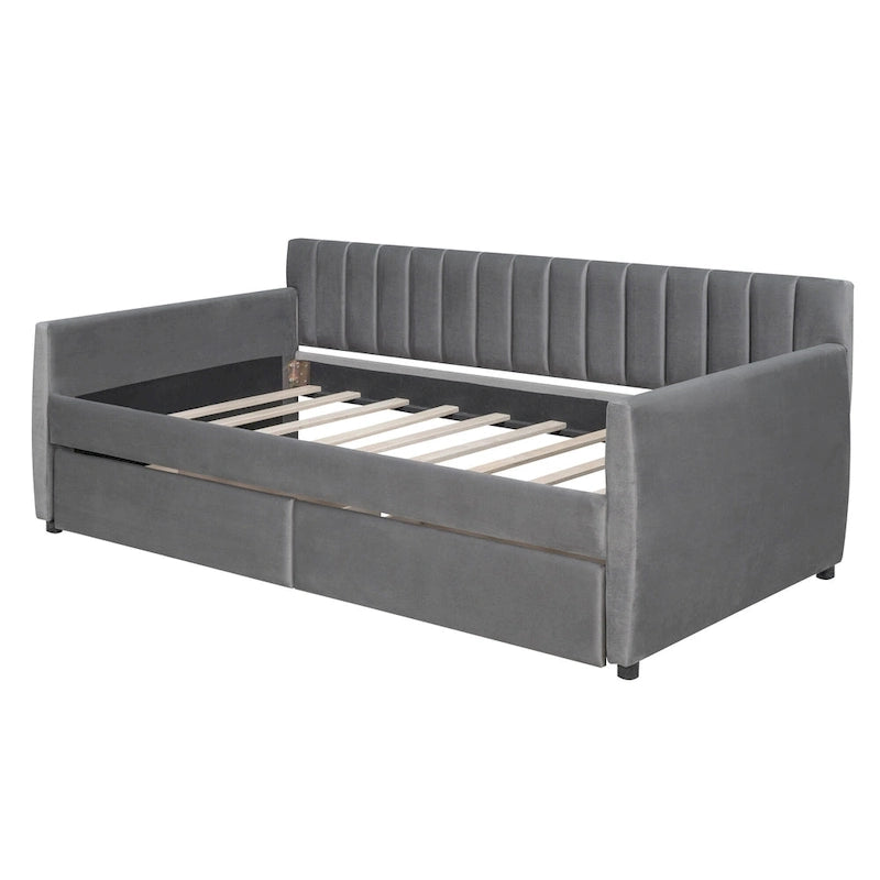 Velvet Daybed with Pull-Out Trundle and Wood Slats, 600 lb Capacity