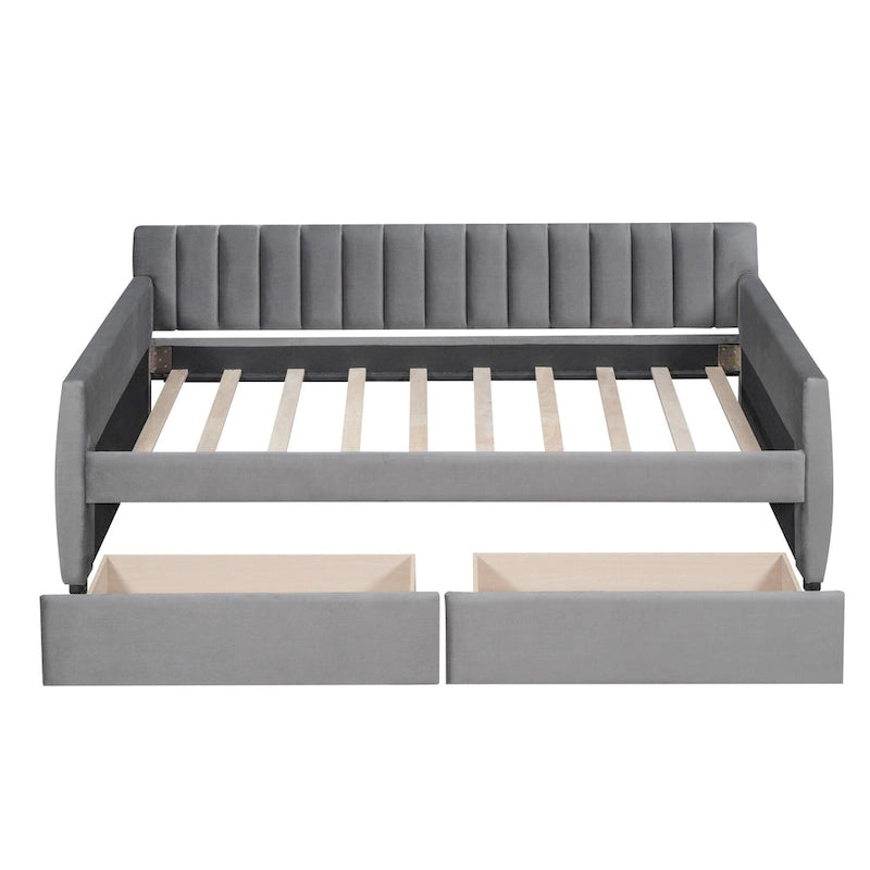 Velvet Daybed with Pull-Out Trundle and Wood Slats, 600 lb Capacity