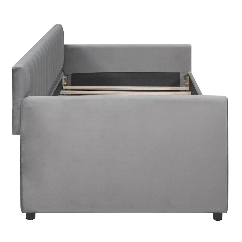 Velvet Daybed with Pull-Out Trundle and Wood Slats, 600 lb Capacity