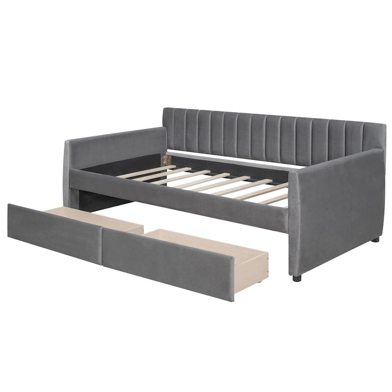 Velvet Daybed with Pull-Out Trundle and Wood Slats, 600 lb Capacity