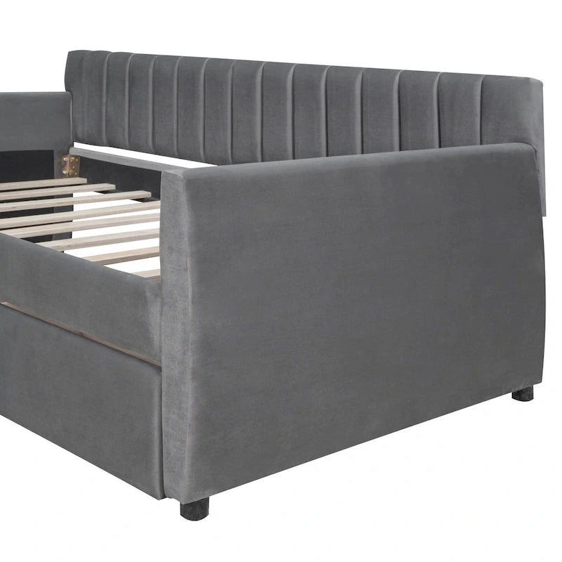 Velvet Daybed with Pull-Out Trundle and Wood Slats, 600 lb Capacity