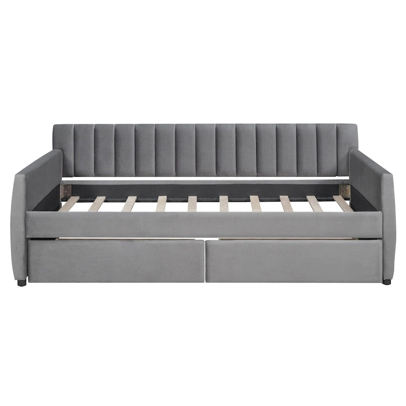 Velvet Daybed with Pull-Out Trundle and Wood Slats, 600 lb Capacity