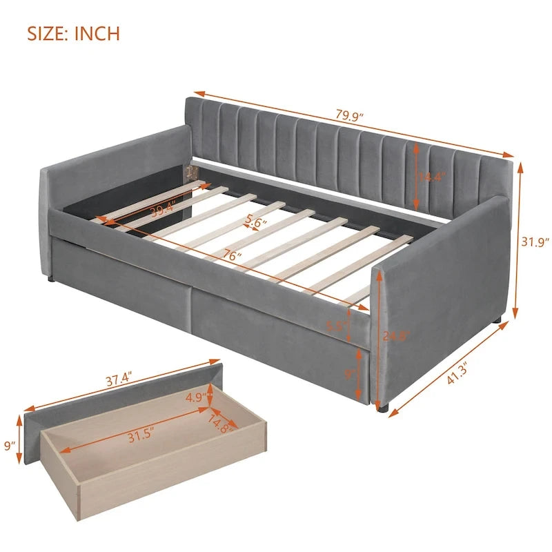 Velvet Daybed with Pull-Out Trundle and Wood Slats, 600 lb Capacity