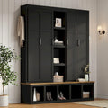 Farmhouse 4-in-1 Hall Tree with Storage Cabinet, Bench, Shelves and 6 Hooks