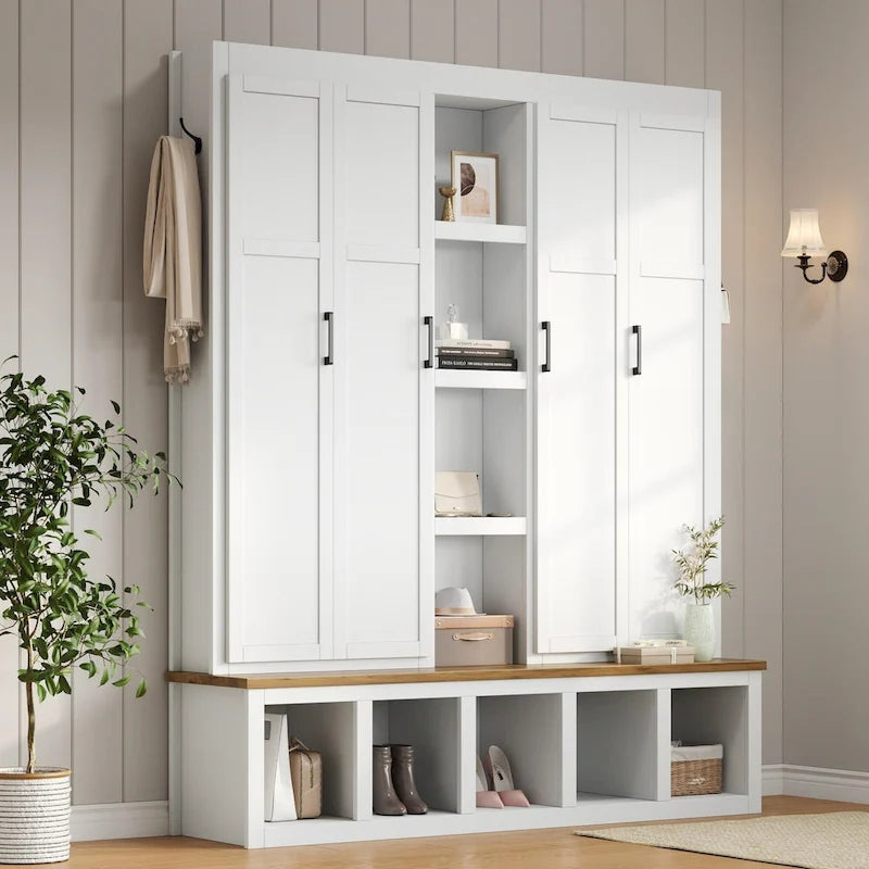 Farmhouse 4-in-1 Hall Tree with Storage Cabinet, Bench, Shelves and 6 Hooks
