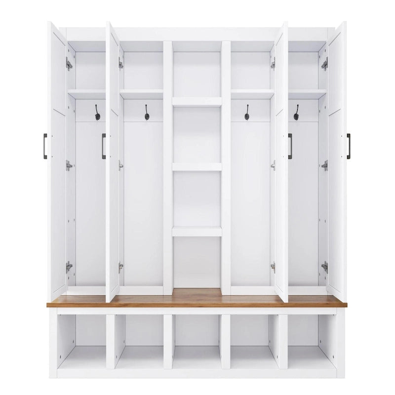 Farmhouse 4-in-1 Hall Tree with Storage Cabinet, Bench, Shelves and 6 Hooks