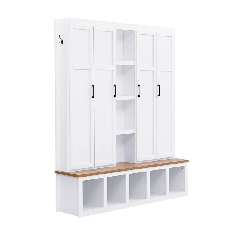 Farmhouse 4-in-1 Hall Tree with Storage Cabinet, Bench, Shelves and 6 Hooks