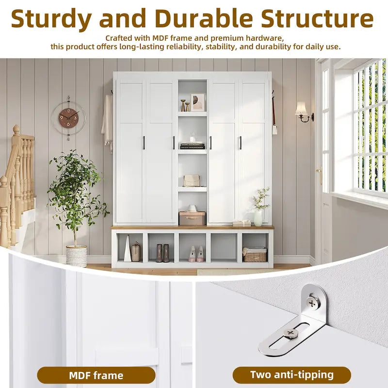 Farmhouse 4-in-1 Hall Tree with Storage Cabinet, Bench, Shelves and 6 Hooks