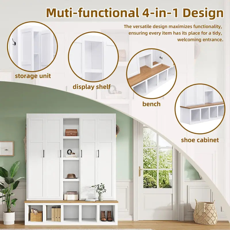 Farmhouse 4-in-1 Hall Tree with Storage Cabinet, Bench, Shelves and 6 Hooks