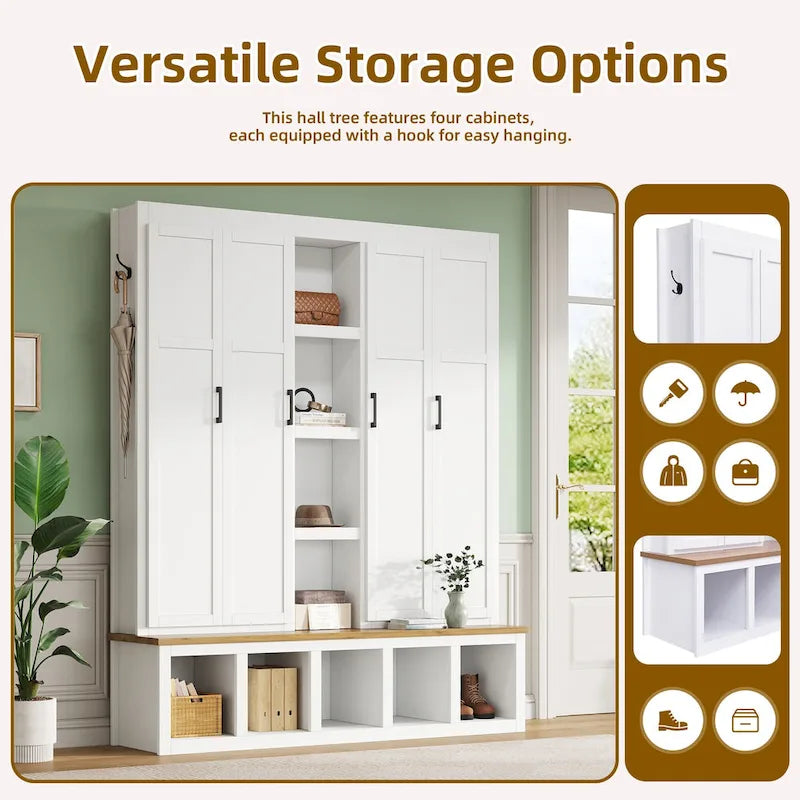 Farmhouse 4-in-1 Hall Tree with Storage Cabinet, Bench, Shelves and 6 Hooks