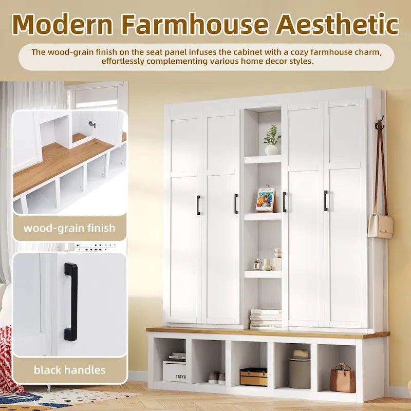 Farmhouse 4-in-1 Hall Tree with Storage Cabinet, Bench, Shelves and 6 Hooks