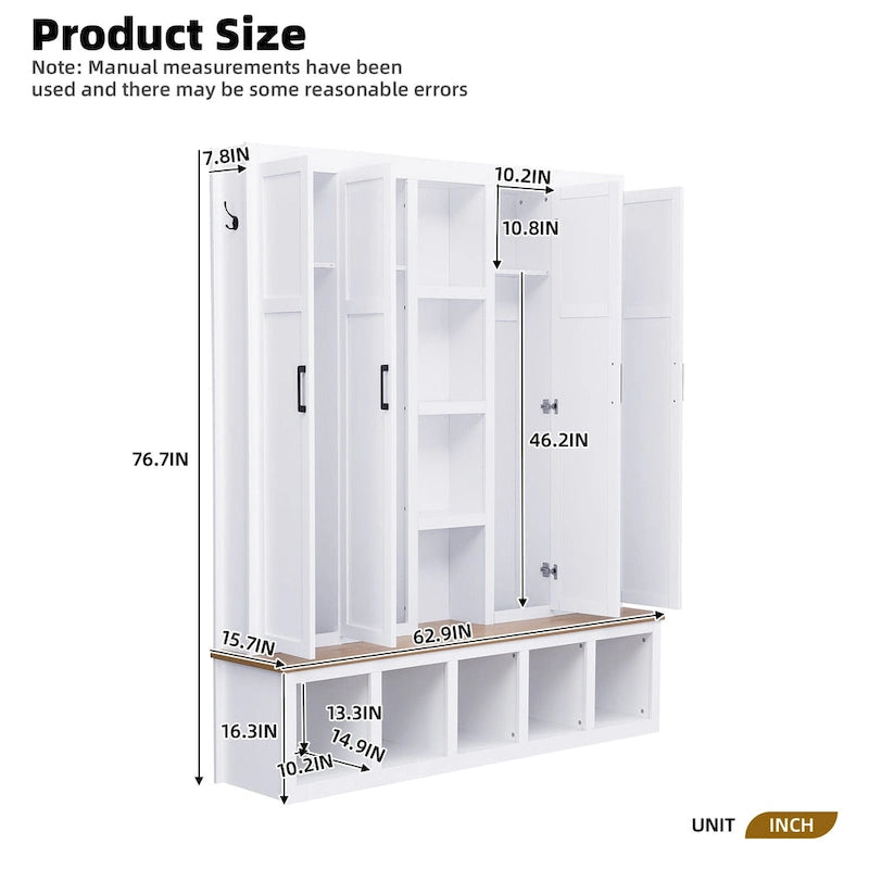 Farmhouse 4-in-1 Hall Tree with Storage Cabinet, Bench, Shelves and 6 Hooks