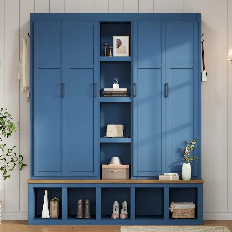 Farmhouse 4-in-1 Hall Tree with Storage Cabinet, Bench, Shelves and 6 Hooks