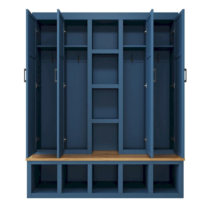 Farmhouse 4-in-1 Hall Tree with Storage Cabinet, Bench, Shelves and 6 Hooks