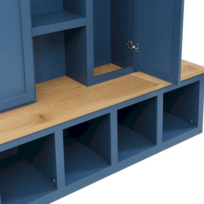Farmhouse 4-in-1 Hall Tree with Storage Cabinet, Bench, Shelves and 6 Hooks