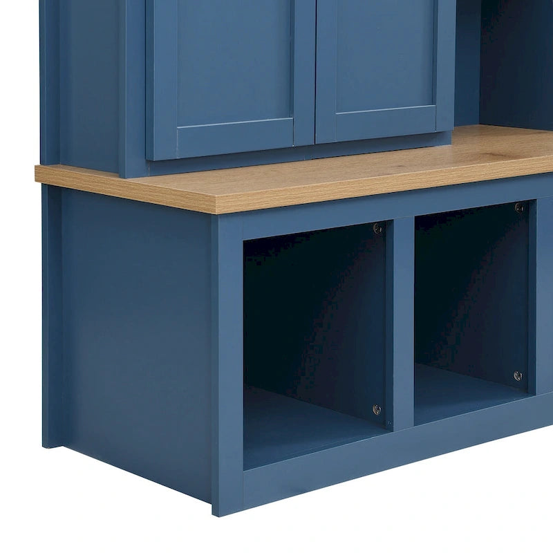 Farmhouse 4-in-1 Hall Tree with Storage Cabinet, Bench, Shelves and 6 Hooks
