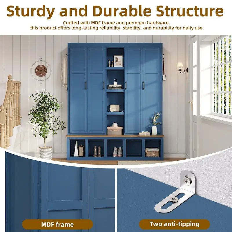 Farmhouse 4-in-1 Hall Tree with Storage Cabinet, Bench, Shelves and 6 Hooks