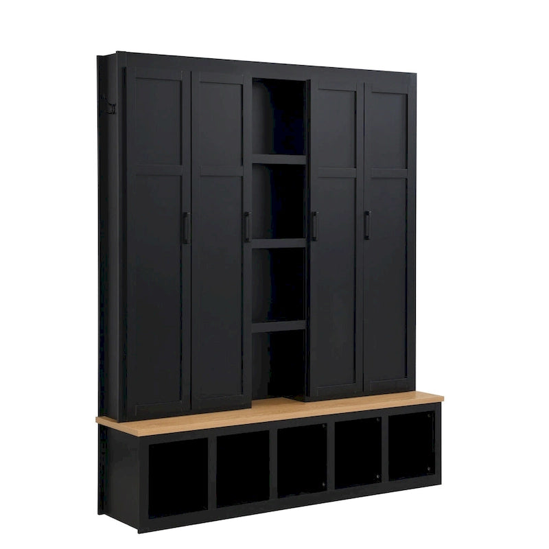 Farmhouse 4-in-1 Hall Tree with Storage Cabinet, Bench, Shelves and 6 Hooks