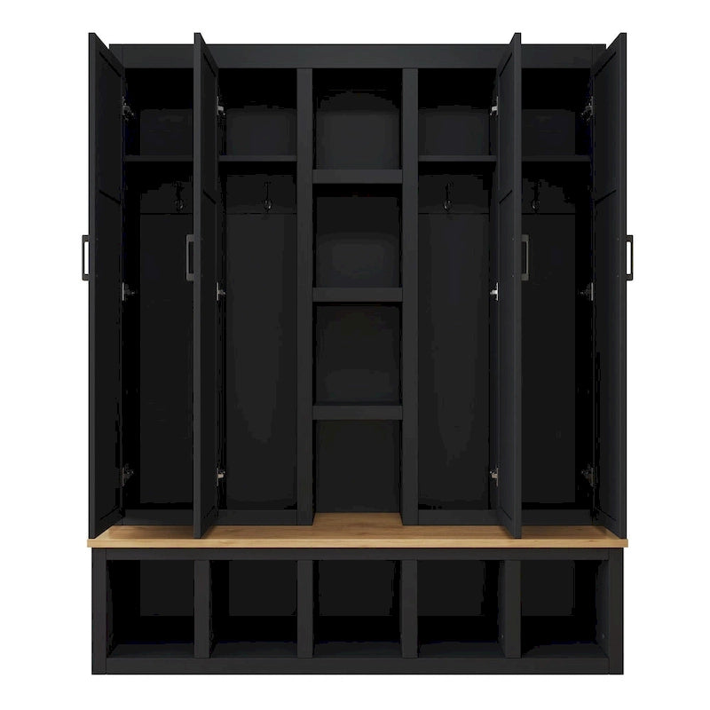 Farmhouse 4-in-1 Hall Tree with Storage Cabinet, Bench, Shelves and 6 Hooks