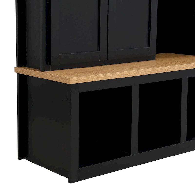 Farmhouse 4-in-1 Hall Tree with Storage Cabinet, Bench, Shelves and 6 Hooks