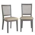 Beige Linen and Rattan Back Dining Chairs with Distressed Wood Frame, Set of 2