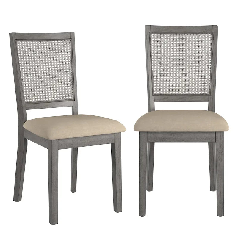 Beige Linen and Rattan Back Dining Chairs with Distressed Wood Frame, Set of 2