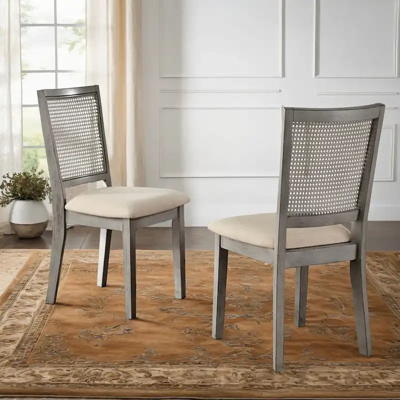 Beige Linen and Rattan Back Dining Chairs with Distressed Wood Frame, Set of 2