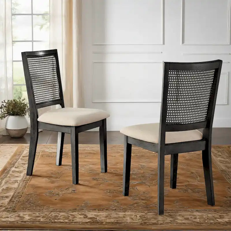 Beige Linen and Rattan Back Dining Chairs with Distressed Wood Frame, Set of 2