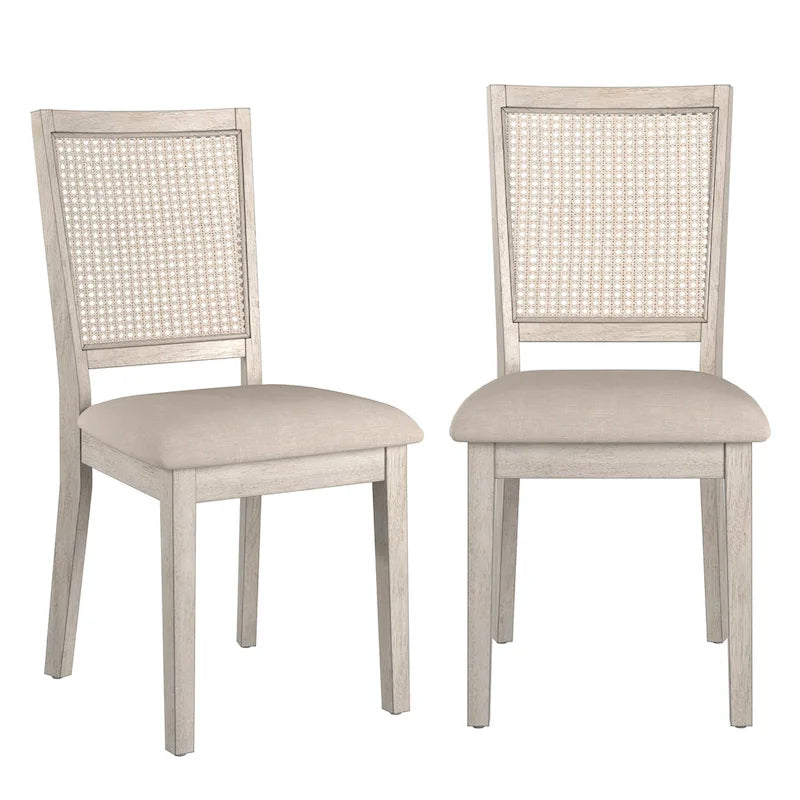 Beige Linen and Rattan Back Dining Chairs with Distressed Wood Frame, Set of 2