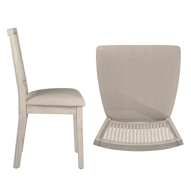 Beige Linen and Rattan Back Dining Chairs with Distressed Wood Frame, Set of 2