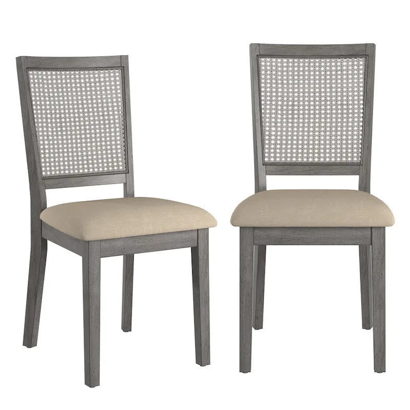 Beige Linen and Rattan Back Dining Chairs with Distressed Wood Frame, Set of 2