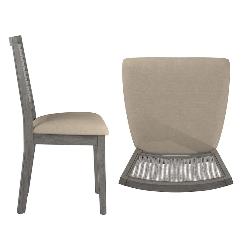 Beige Linen and Rattan Back Dining Chairs with Distressed Wood Frame, Set of 2