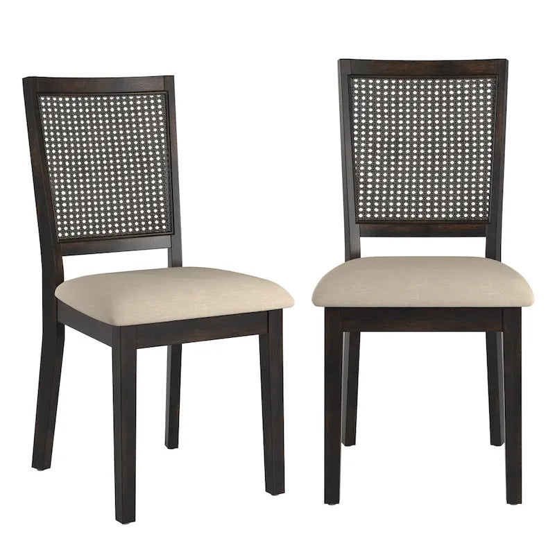 Beige Linen and Rattan Back Dining Chairs with Distressed Wood Frame, Set of 2