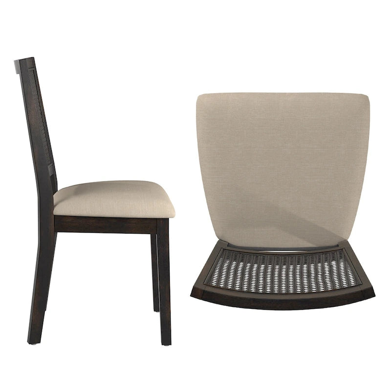 Beige Linen and Rattan Back Dining Chairs with Distressed Wood Frame, Set of 2