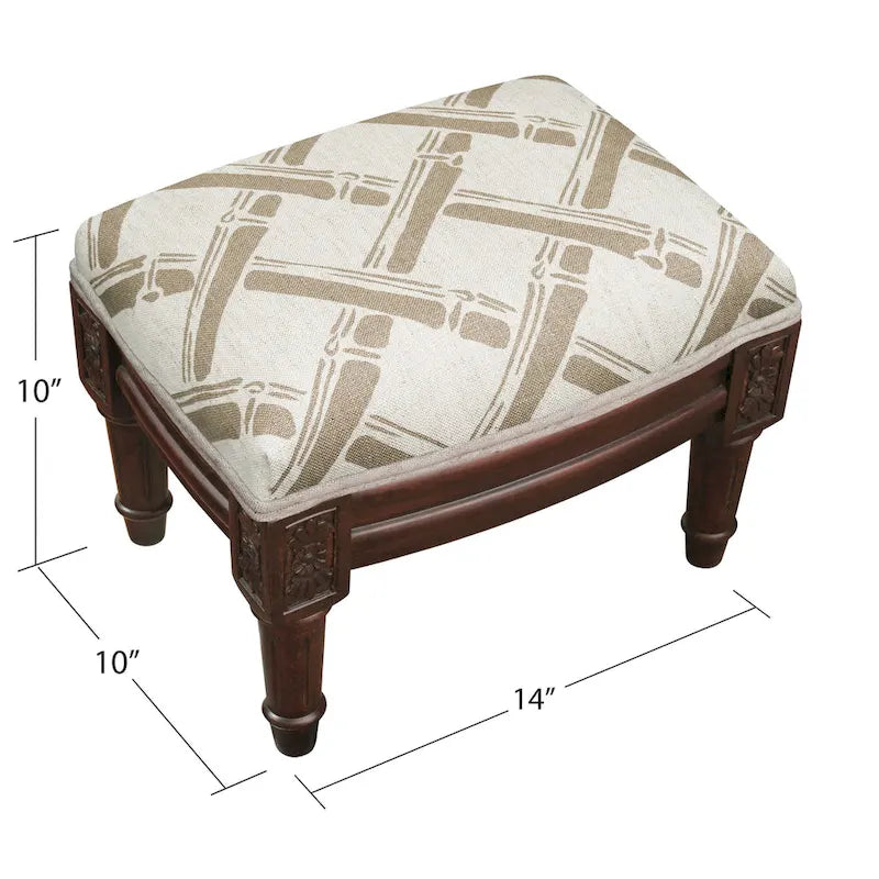 Taupe Bamboo Trellis Footstool with Carved Wood Frame and Linen Upholstery