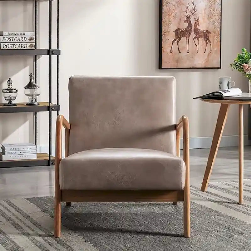 Mid-Century Modern Arm Chair, Espresso Solid Wood with Leather-Look Cushions