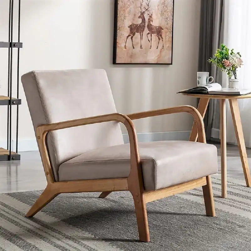 Mid-Century Modern Arm Chair, Espresso Solid Wood with Leather-Look Cushions