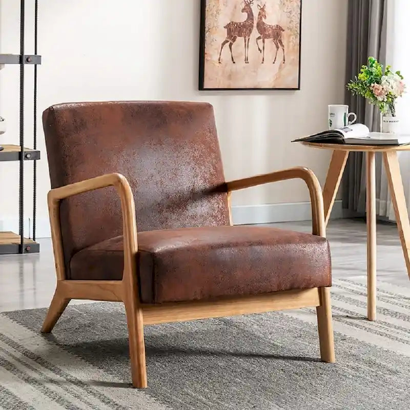 Mid-Century Modern Arm Chair, Espresso Solid Wood with Leather-Look Cushions