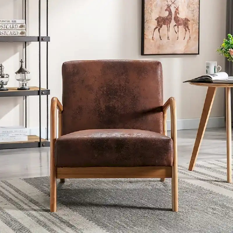 Mid-Century Modern Arm Chair, Espresso Solid Wood with Leather-Look Cushions