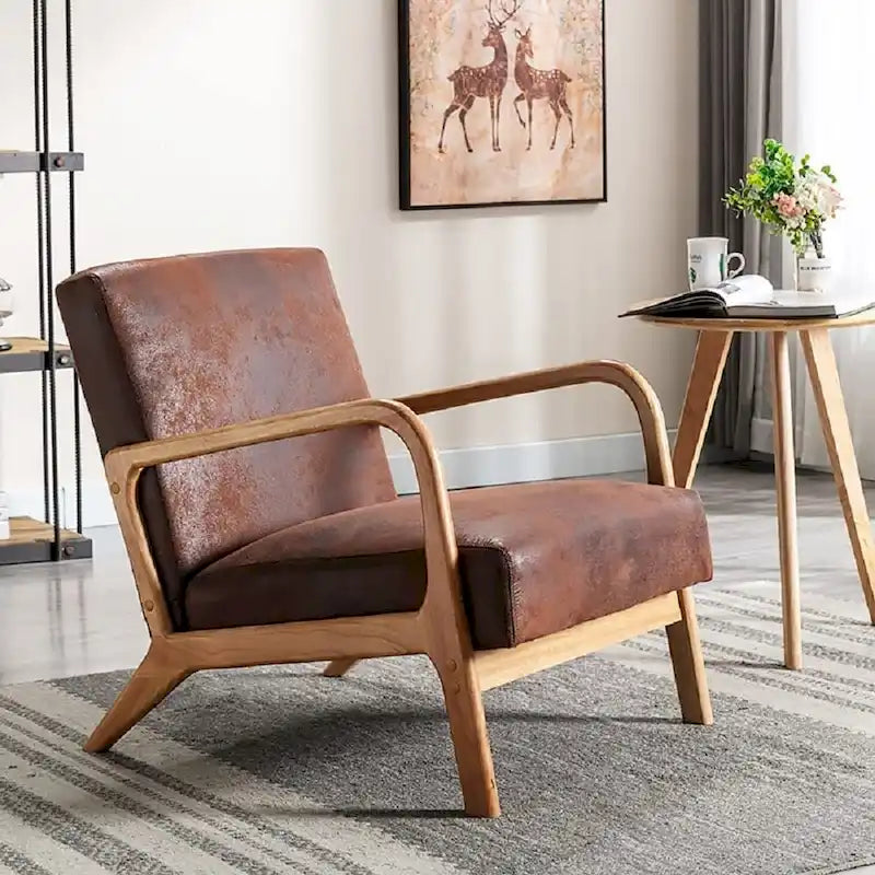 Mid-Century Modern Arm Chair, Espresso Solid Wood with Leather-Look Cushions