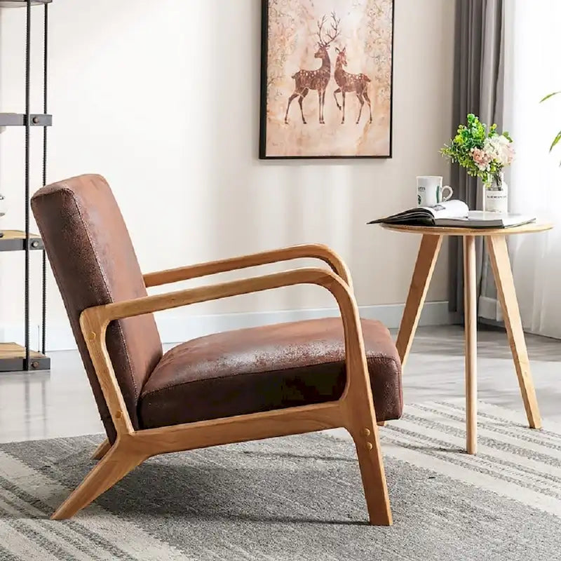 Mid-Century Modern Arm Chair, Espresso Solid Wood with Leather-Look Cushions