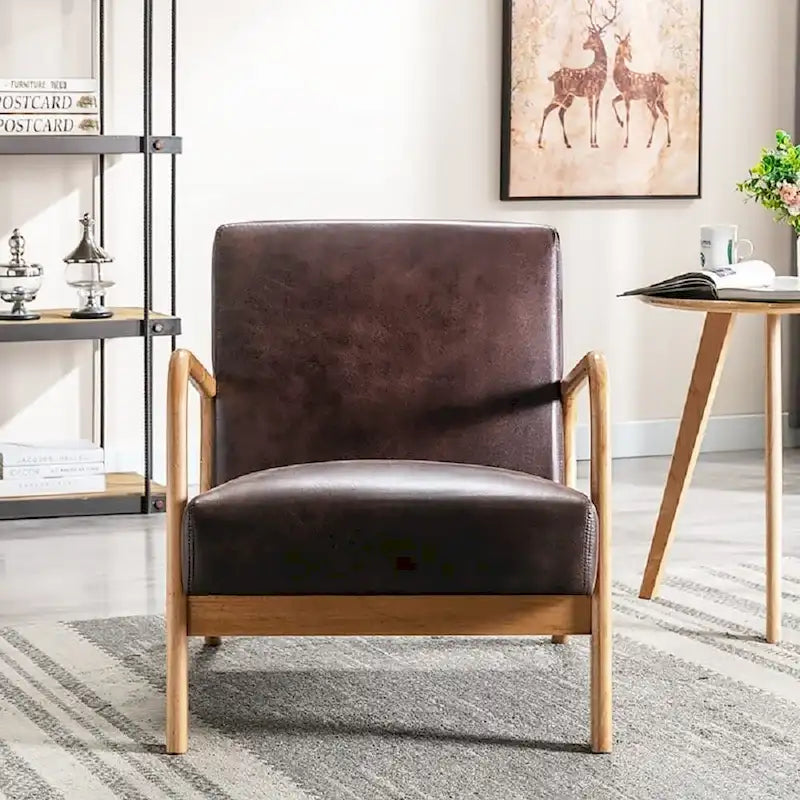 Mid-Century Modern Arm Chair, Espresso Solid Wood with Leather-Look Cushions