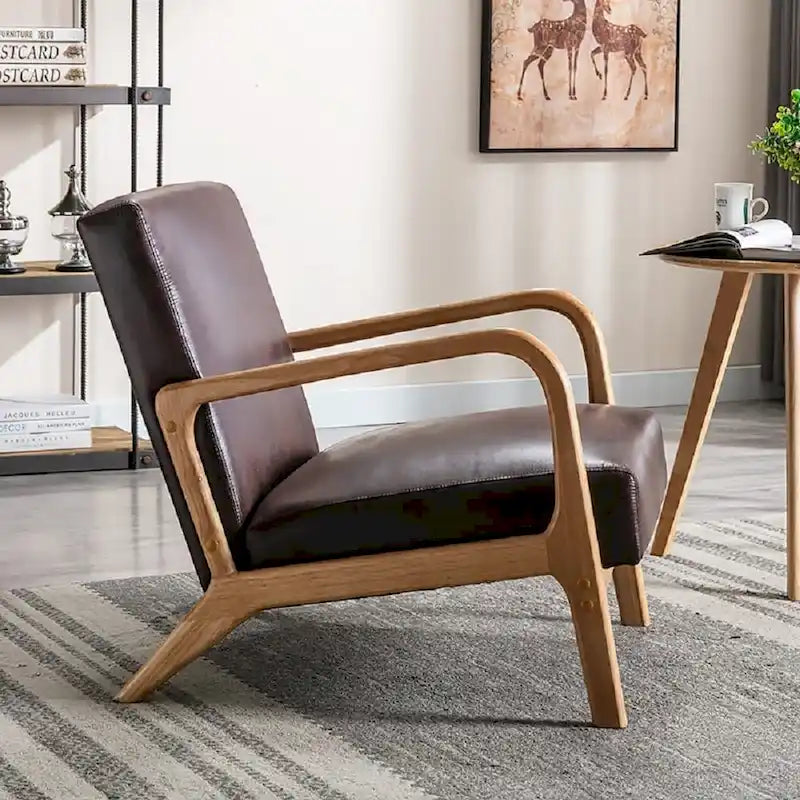 Mid-Century Modern Arm Chair, Espresso Solid Wood with Leather-Look Cushions