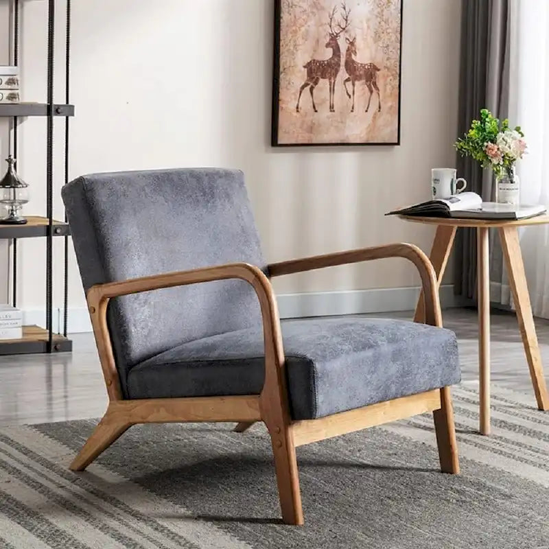 Mid-Century Modern Arm Chair, Espresso Solid Wood with Leather-Look Cushions