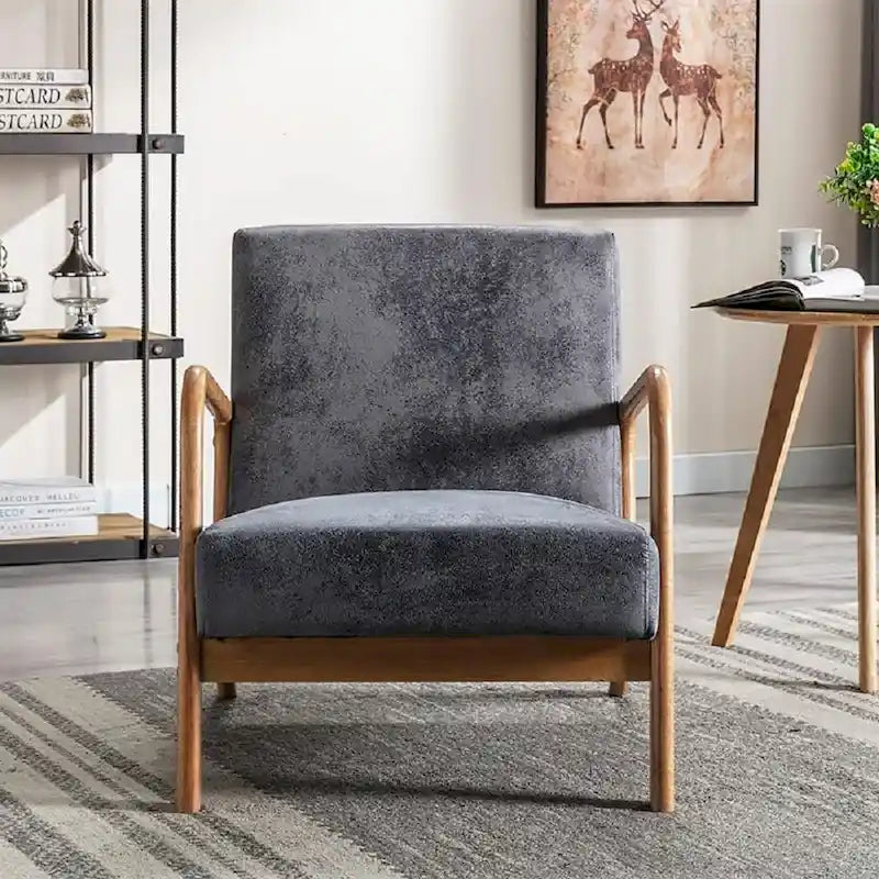 Mid-Century Modern Arm Chair, Espresso Solid Wood with Leather-Look Cushions