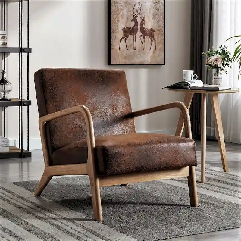 Mid-Century Modern Arm Chair, Espresso Solid Wood with Leather-Look Cushions